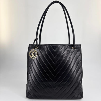 Chanel V-stitched Coco Charm Lambskin Black Tote Bag