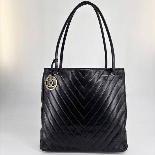 Chanel V-stitched Coco Charm Lambskin Black Tote Bag