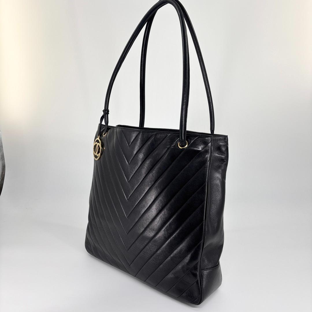 Chanel V-stitched Coco Charm Lambskin Black Tote Bag