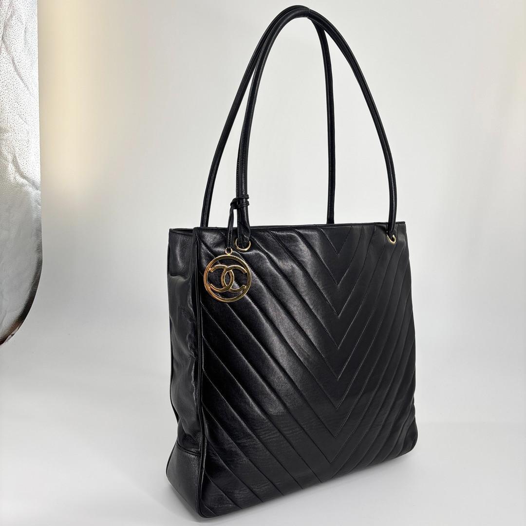 Chanel V-stitched Coco Charm Lambskin Black Tote Bag