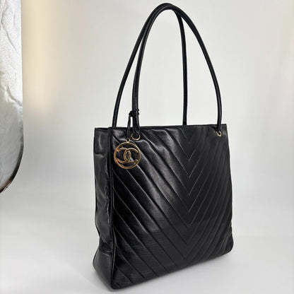Chanel V-stitched Coco Charm Lambskin Black Tote Bag