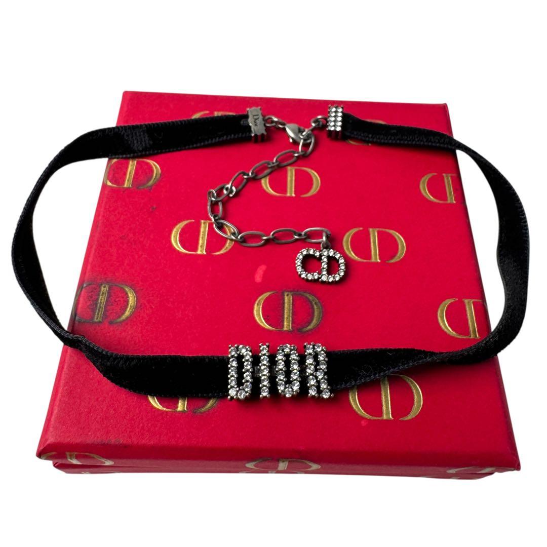 Dior Velvet Choker Crystal Logo Black Necklace