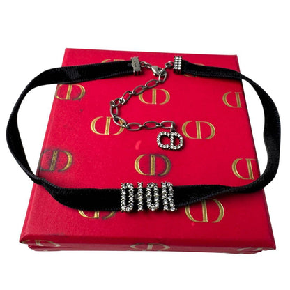 Dior Velvet Choker Crystal Logo Black Necklace