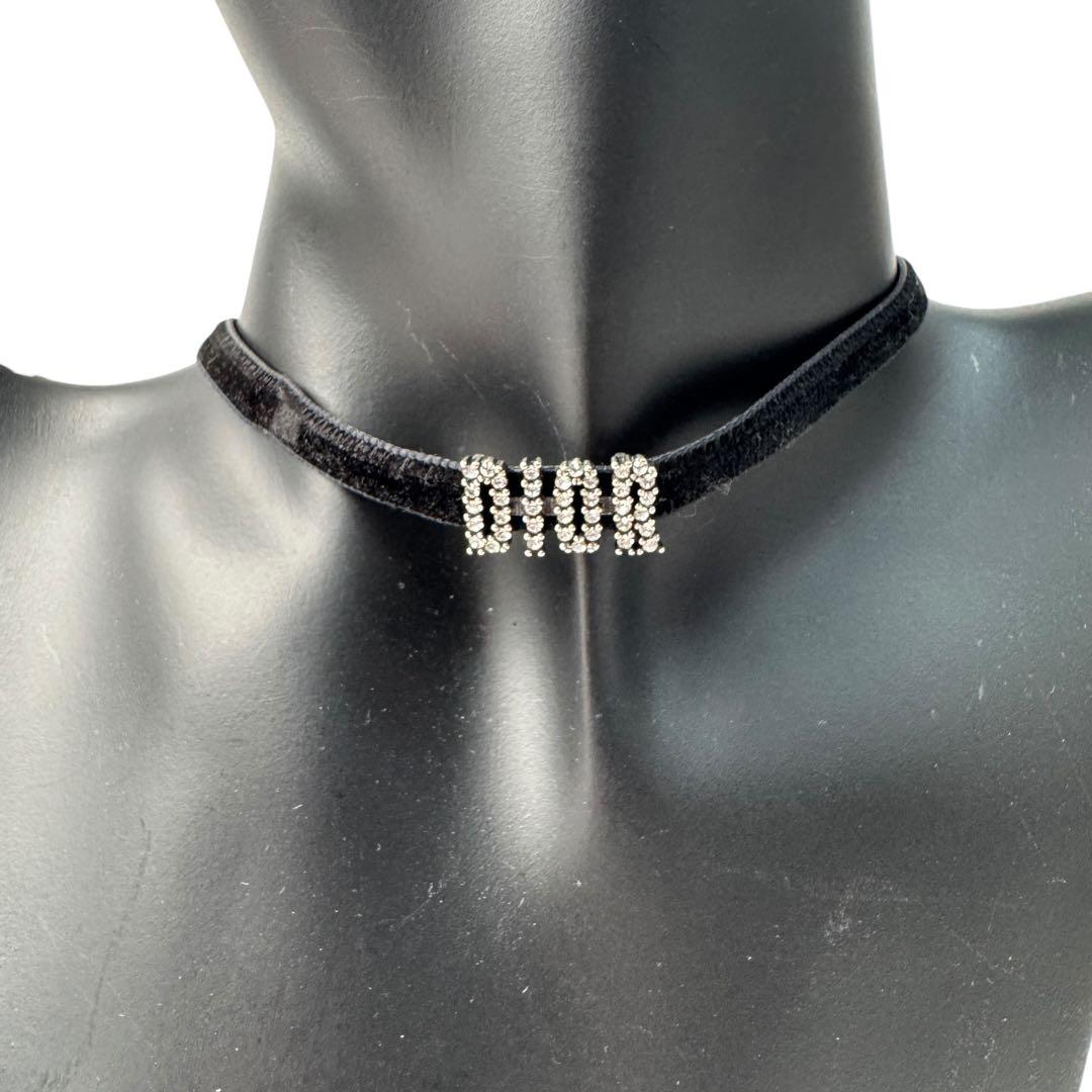 Dior Velvet Choker Crystal Logo Black Necklace — view 2