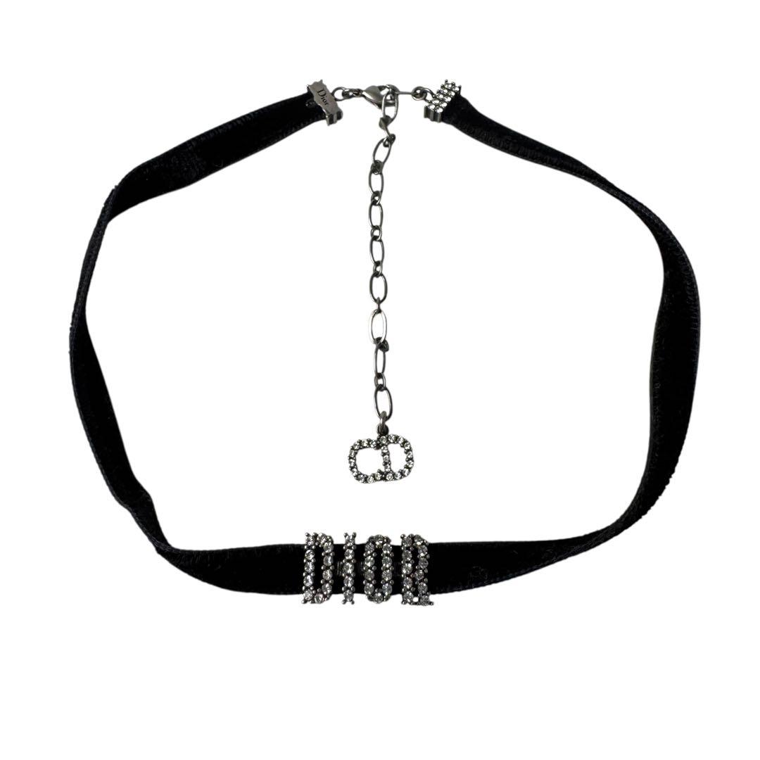 Dior Velvet Choker Crystal Logo Black Necklace — view 3