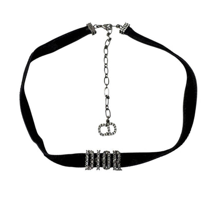 Dior Velvet Choker Crystal Logo Black Necklace — view 3