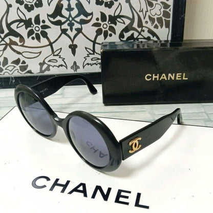 Chanel Sunglasses CC Logo Black Gold Round Eyewear