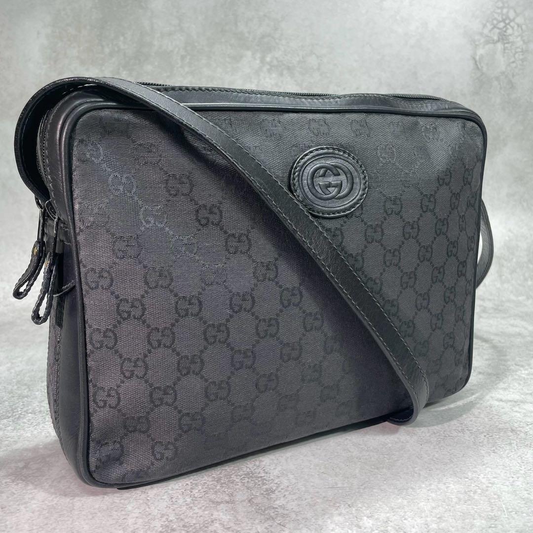 Gucci GG Shoulder Bag Black Leather Logo Canvas