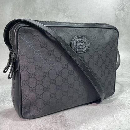 Gucci GG Shoulder Bag Black Leather Logo Canvas