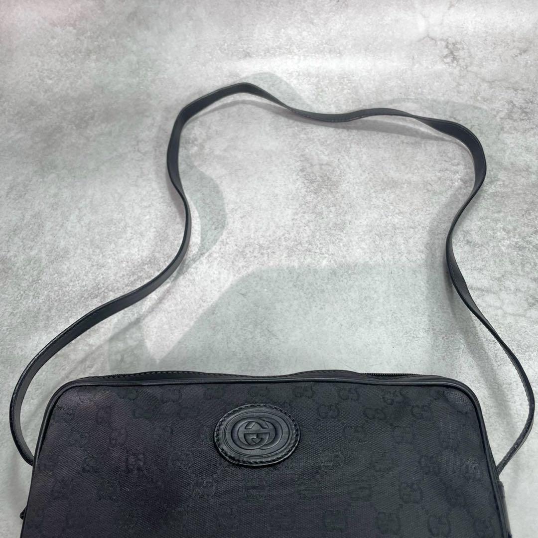 Gucci GG Shoulder Bag Black Leather Logo Canvas — view 4