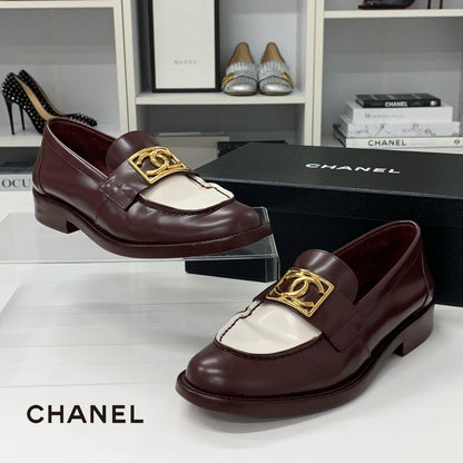 Chanel CC Logo Leather Loafers Burgundy White