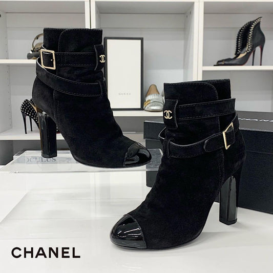 Chanel Suede Patent CC Logo Belt Short Boots Black
