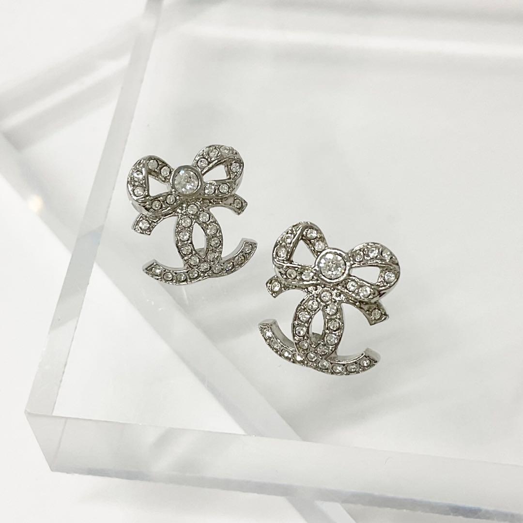 Chanel Cocomark Ribbon Rhinestone Earrings Silver