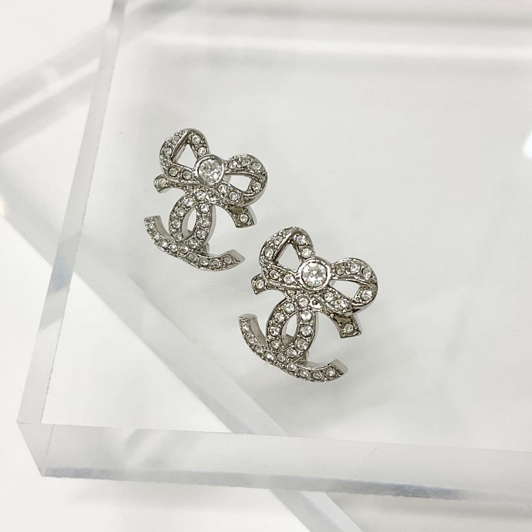Chanel Cocomark Ribbon Rhinestone Earrings Silver