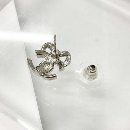 Chanel Cocomark Ribbon Rhinestone Earrings Silver