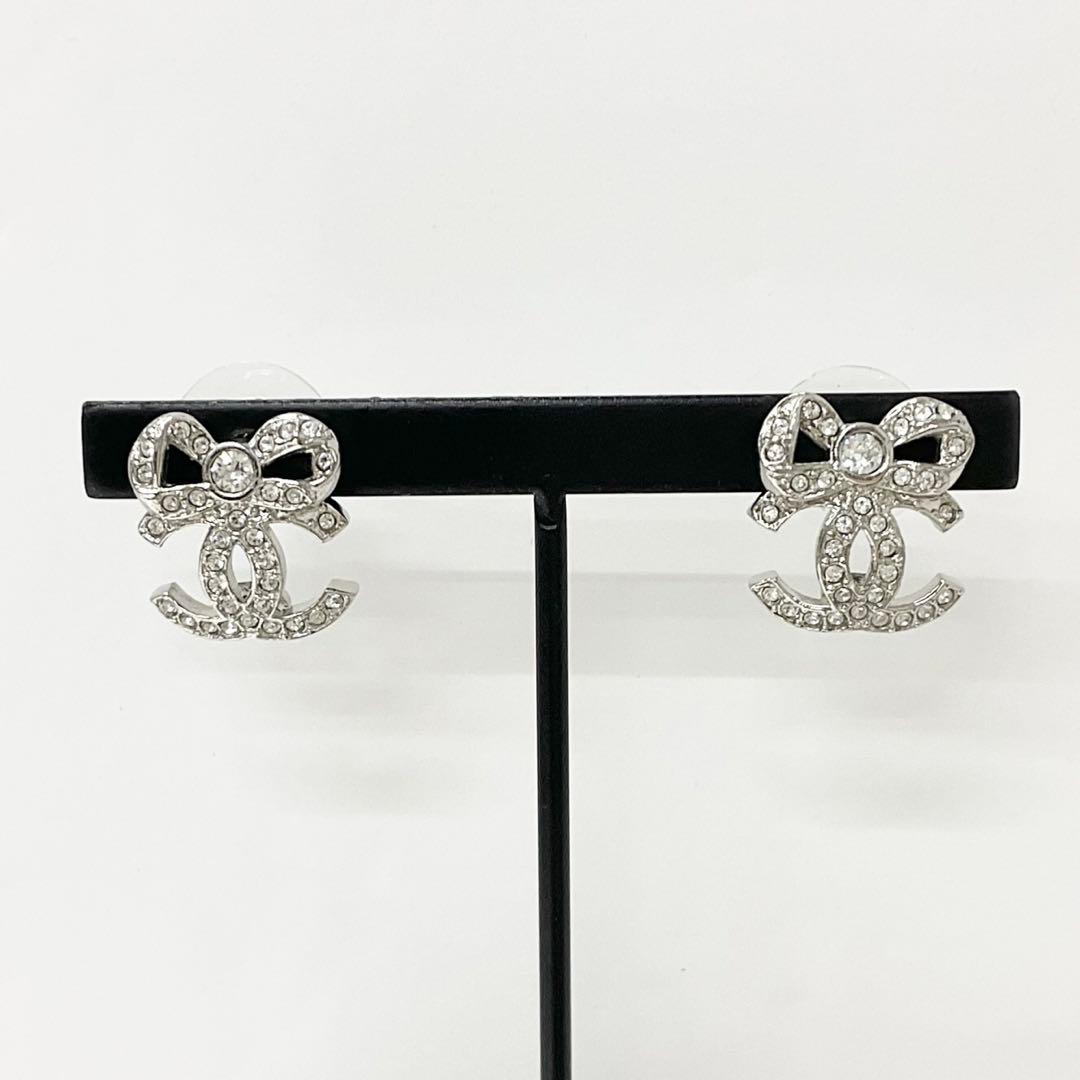 Chanel Cocomark Ribbon Rhinestone Earrings Silver