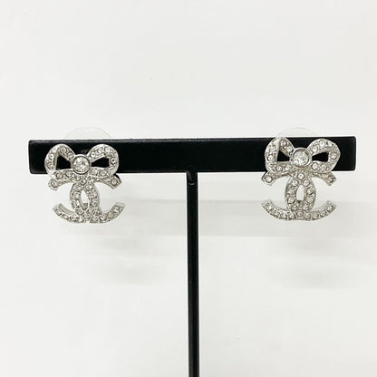Chanel Cocomark Ribbon Rhinestone Earrings Silver