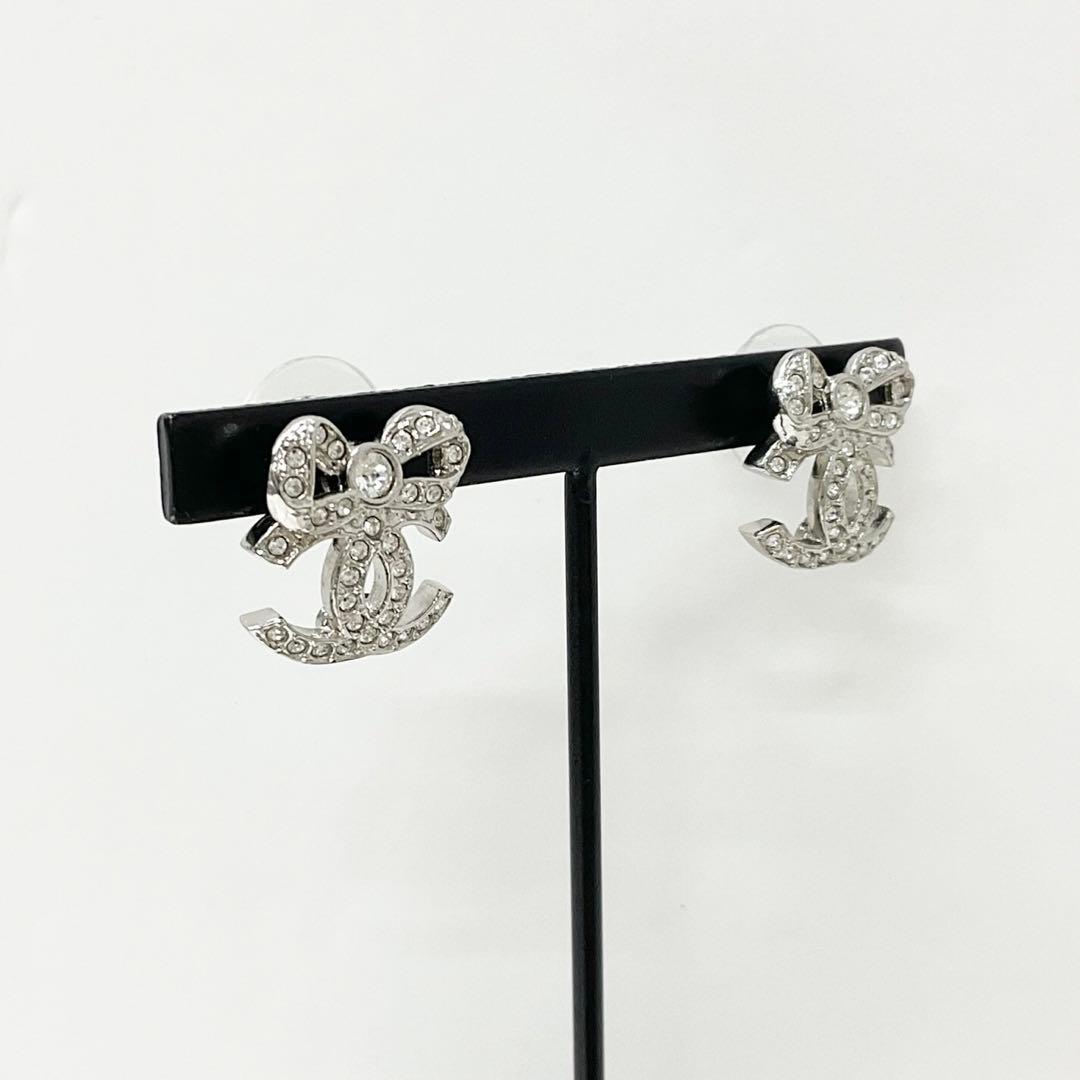 Chanel Cocomark Ribbon Rhinestone Earrings Silver