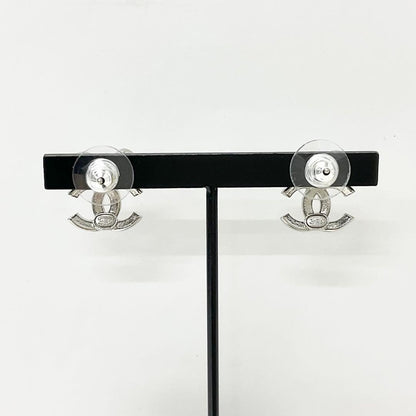 Chanel Cocomark Ribbon Rhinestone Earrings Silver