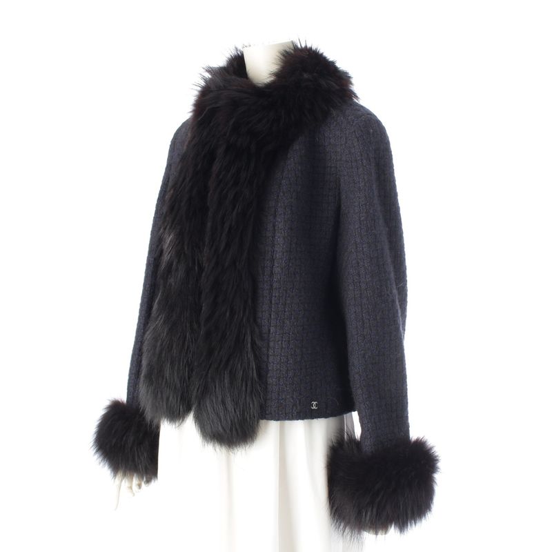 Chanel 00A Wool Nylon Fox Fur Collarless Jacket Outerwear P16217 Navy 44