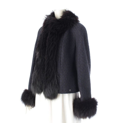 Chanel 00A Wool Nylon Fox Fur Collarless Jacket Outerwear P16217 Navy 44