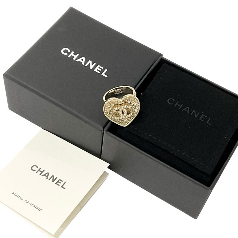Chanel Ring Gold Black Coco Mark Heart Rhinestone