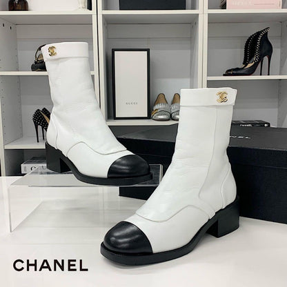 Chanel CC Logo Turnlock Leather Short Boots White Black