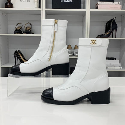 Chanel CC Logo Turnlock Leather Short Boots White Black — view 2