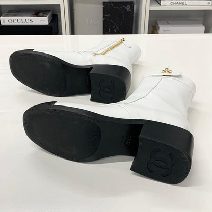 Chanel CC Logo Turnlock Leather Short Boots White Black — view 7