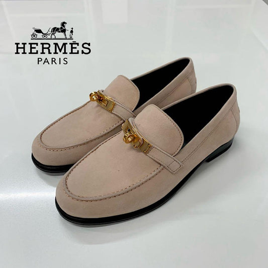 Hermes Destin Suede Kelly Loafers Pink Beige