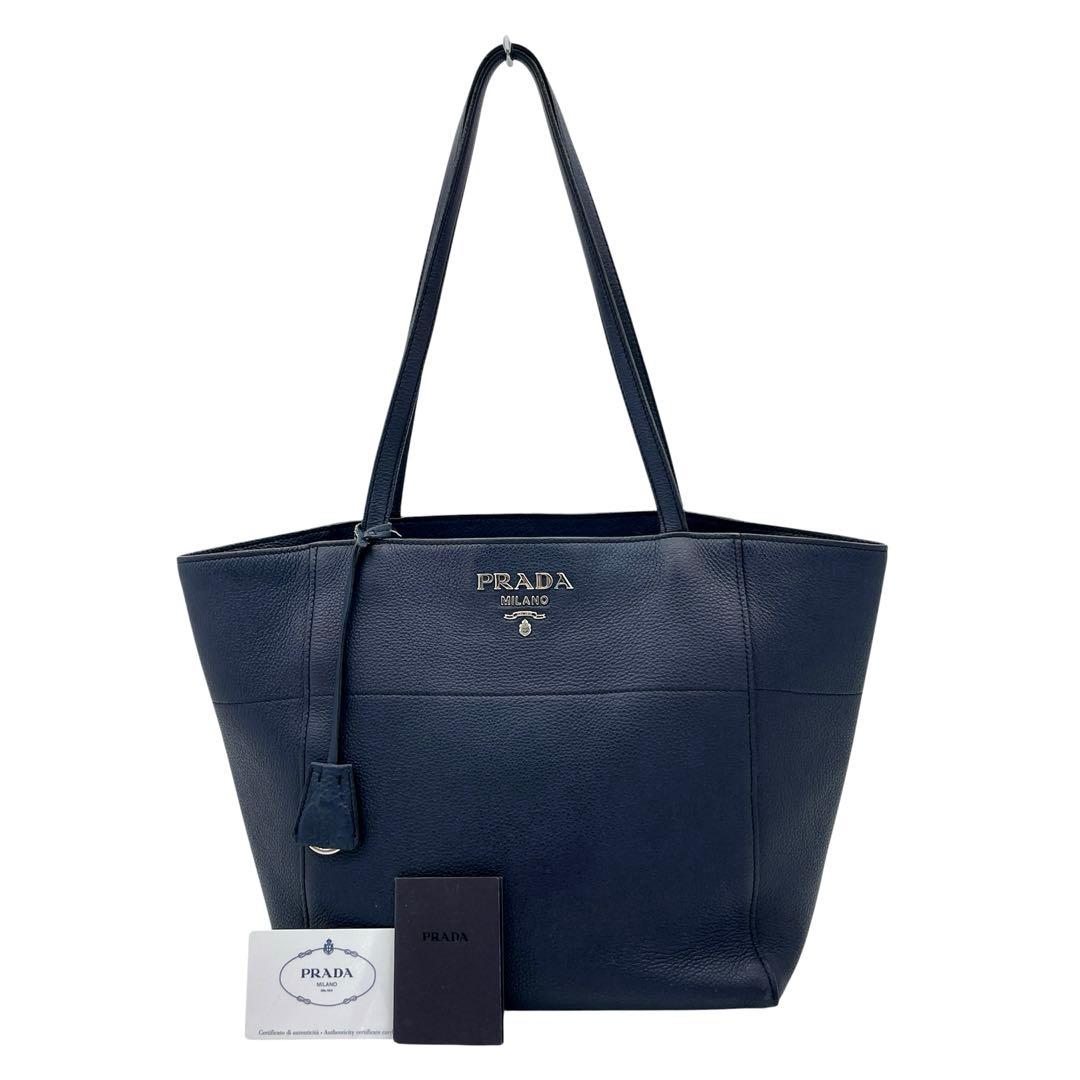 Prada 1bg202 Tote Bag Logo Hardware Leather Navy A4