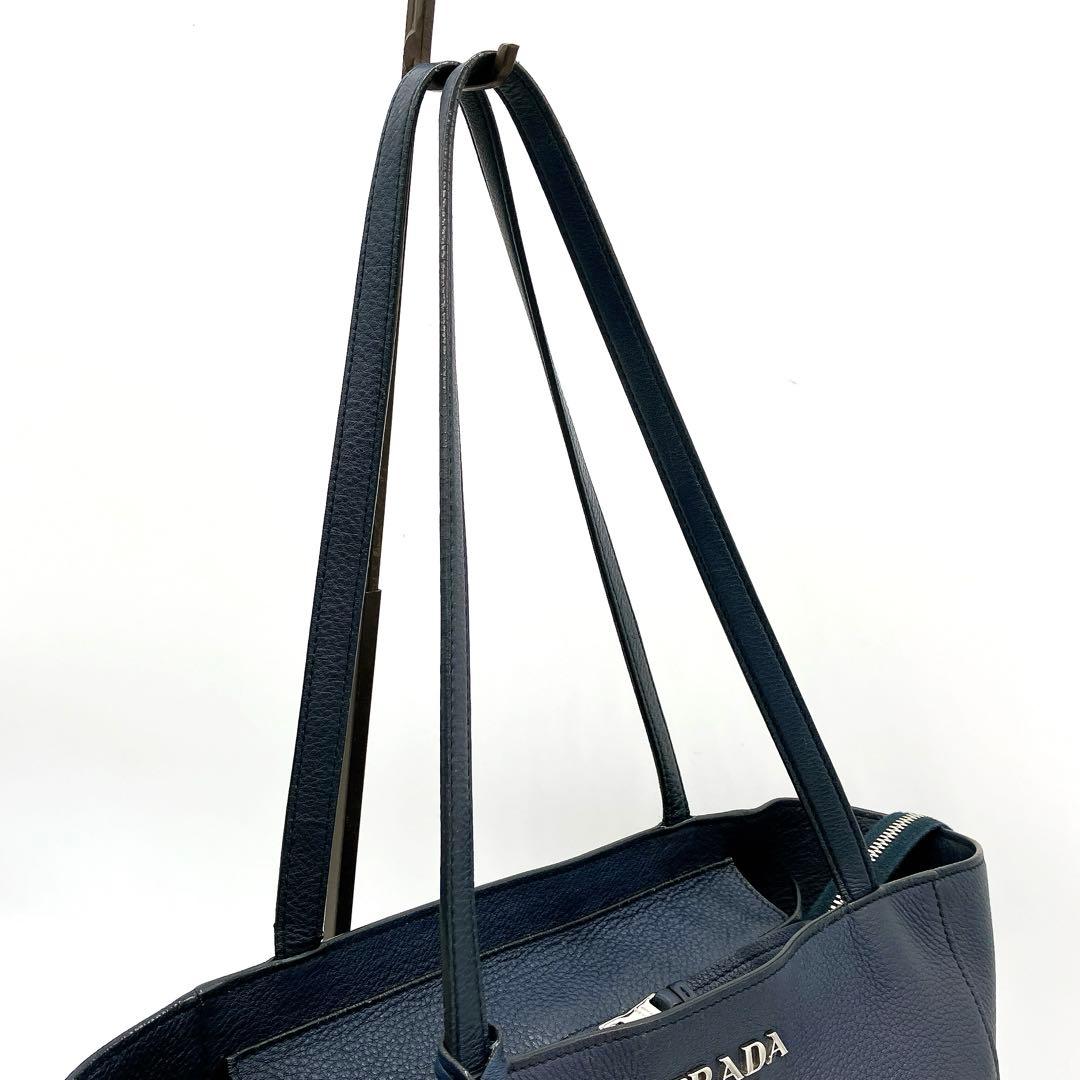 Prada 1bg202 Tote Bag Logo Hardware Leather Navy A4