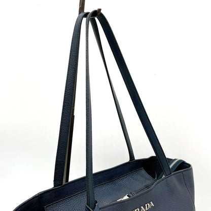 Prada 1bg202 Tote Bag Logo Hardware Leather Navy A4