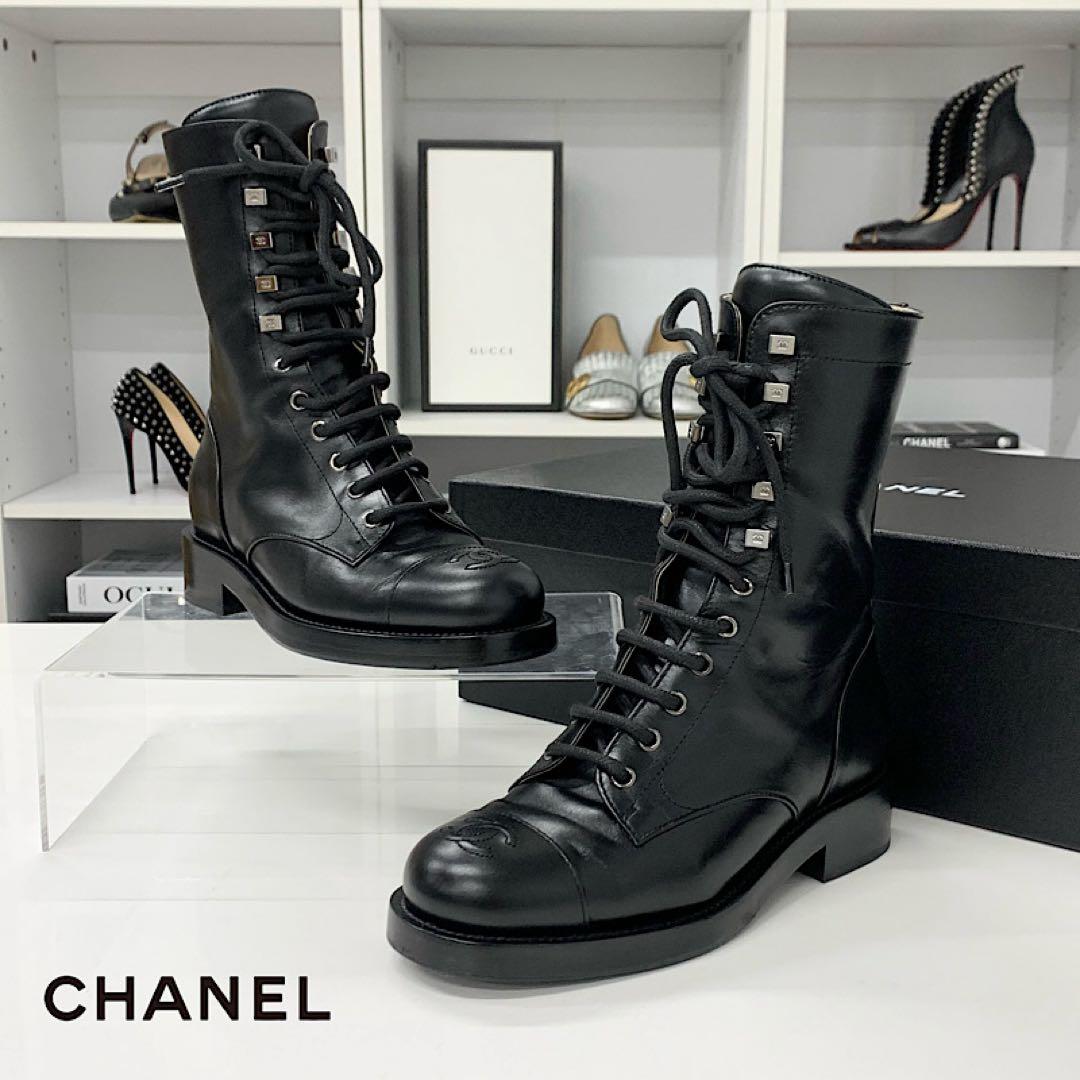 Chanel CC Logo Leather Lace-up Short Boots Black