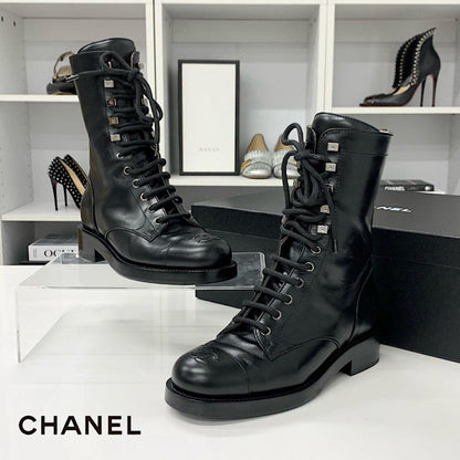 Chanel CC Logo Leather Lace-up Short Boots Black