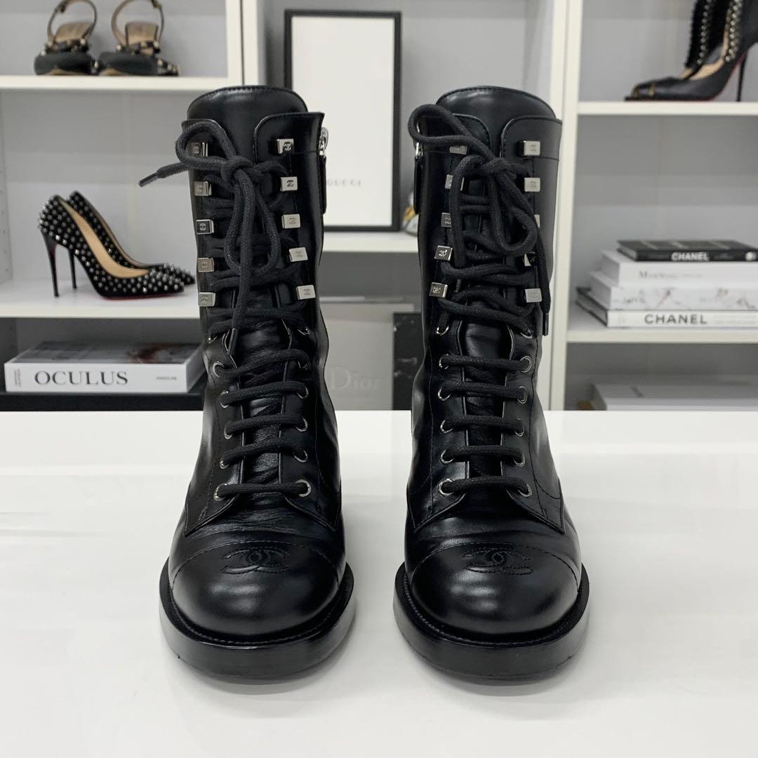 Chanel CC Logo Leather Lace-up Short Boots Black — view 4
