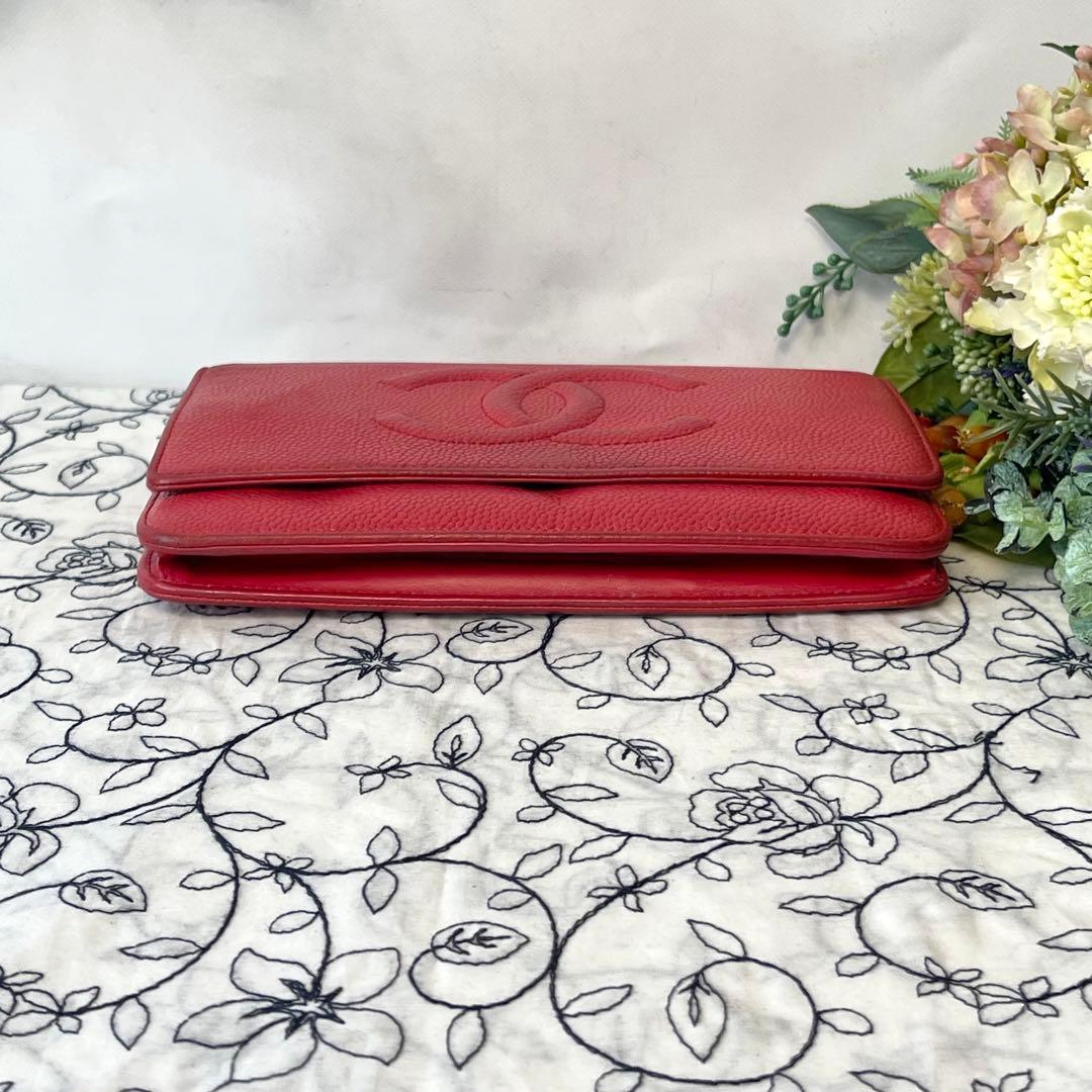 Chanel Chain Wallet Jumbo CC Logo Caviar Leather Red Shoulder — view 7
