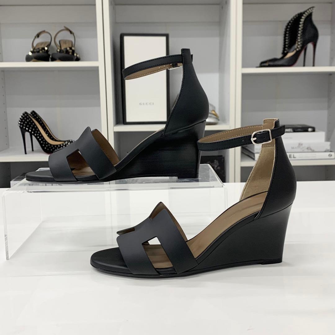 Hermes Legend Leather Wedge Sole Sandals Black — view 2