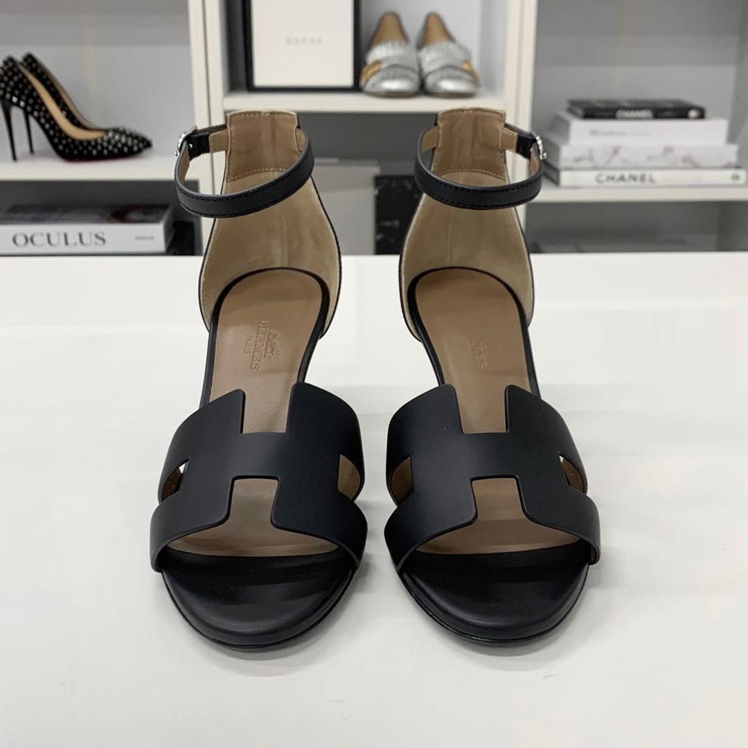 Hermes Legend Leather Wedge Sole Sandals Black — view 4