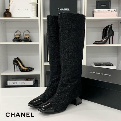 Chanel CC Logo Fabric Patent Glitter Long Boots Black