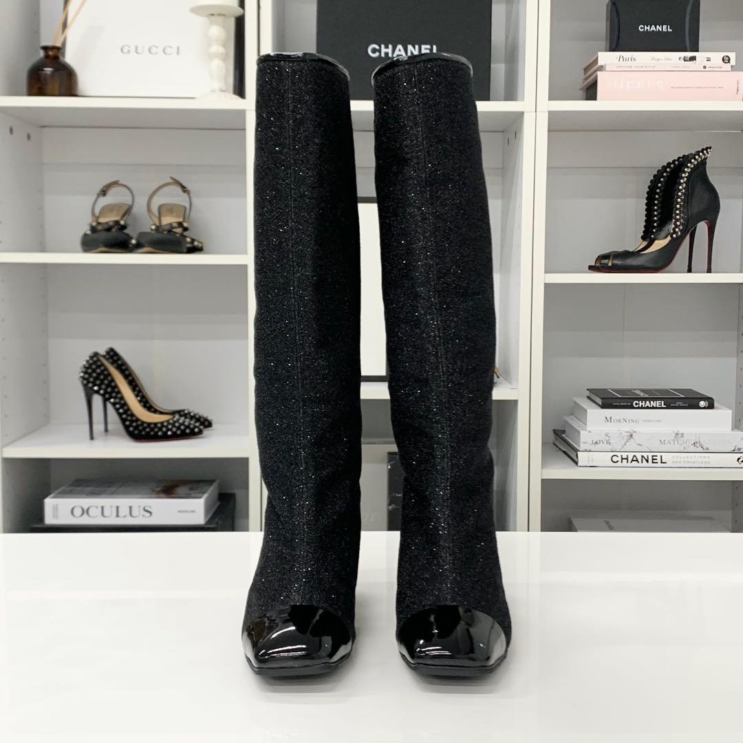 Chanel CC Logo Fabric Patent Glitter Long Boots Black — view 2