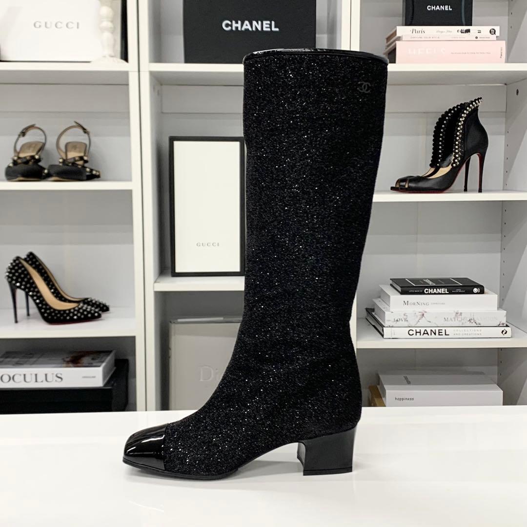 Chanel CC Logo Fabric Patent Glitter Long Boots Black — view 3