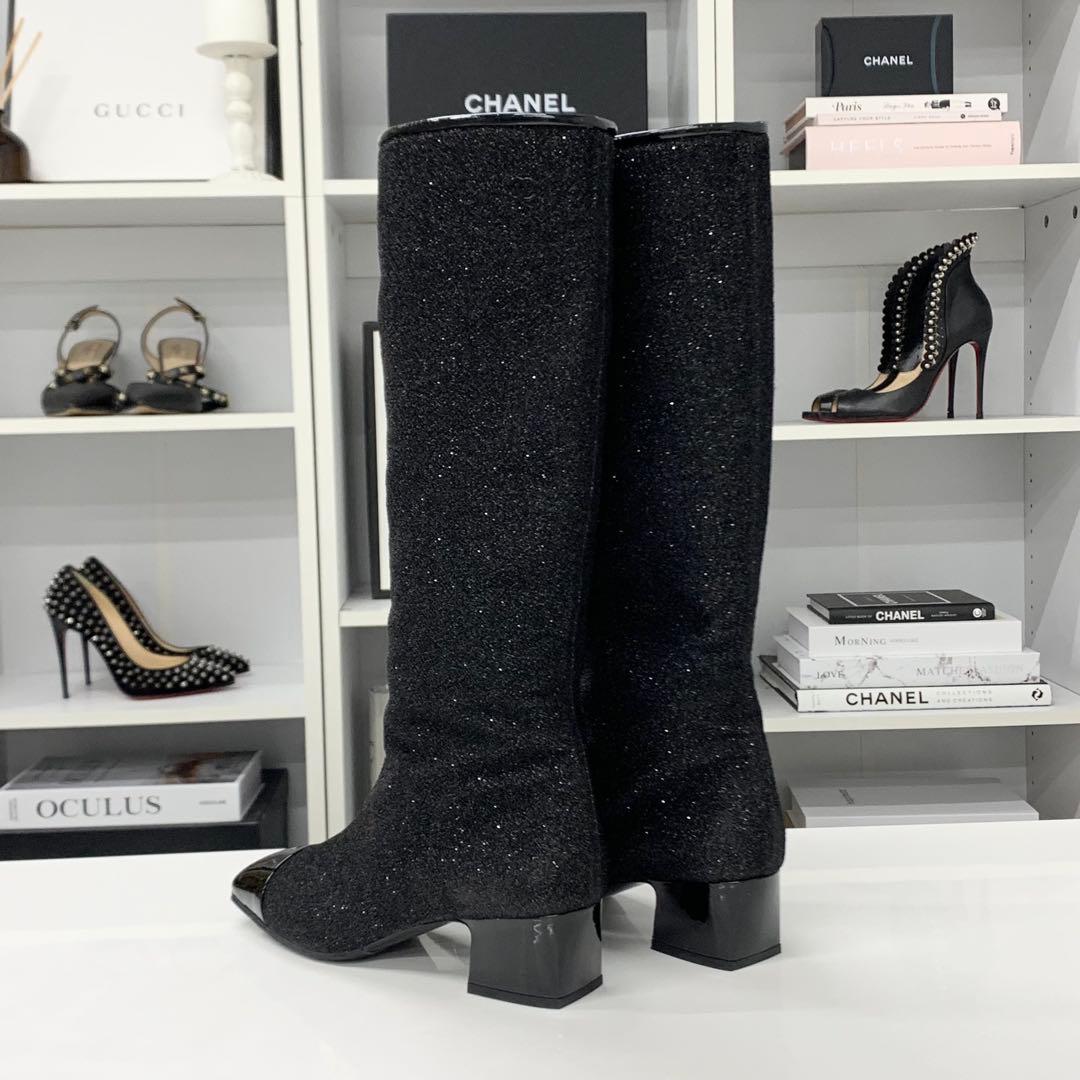 Chanel CC Logo Fabric Patent Glitter Long Boots Black — view 4