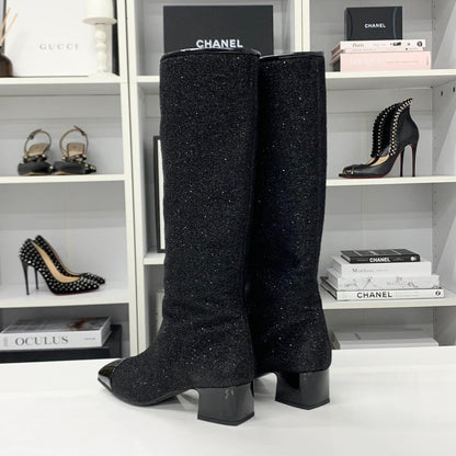 Chanel CC Logo Fabric Patent Glitter Long Boots Black — view 4