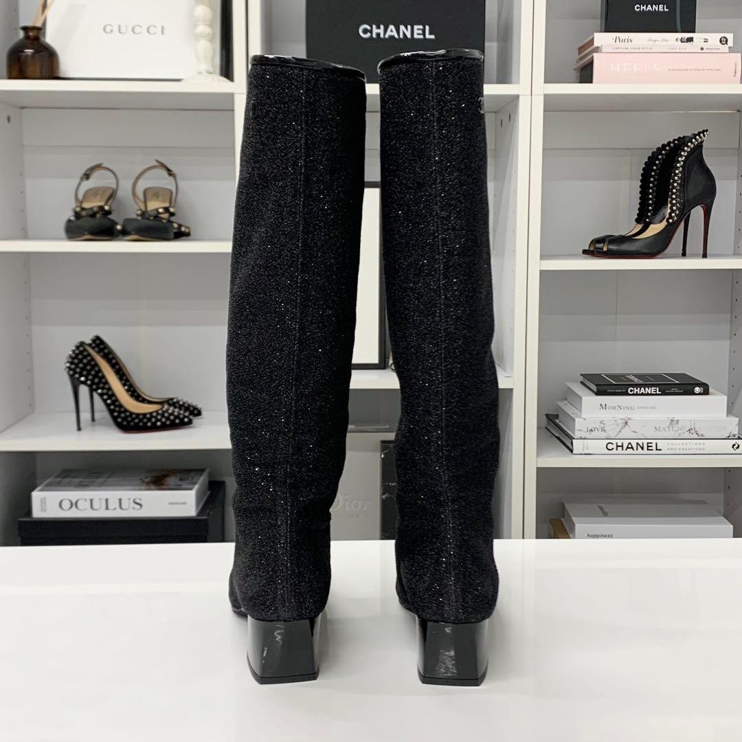 Chanel CC Logo Fabric Patent Glitter Long Boots Black — view 5