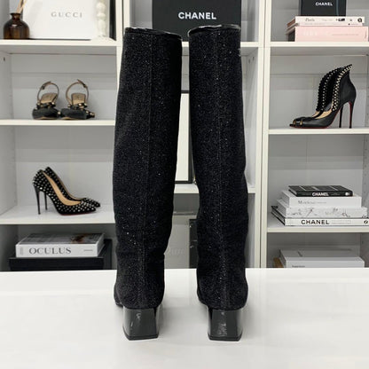 Chanel CC Logo Fabric Patent Glitter Long Boots Black — view 5