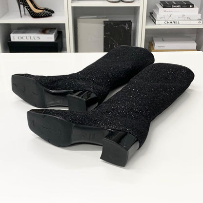 Chanel CC Logo Fabric Patent Glitter Long Boots Black — view 6