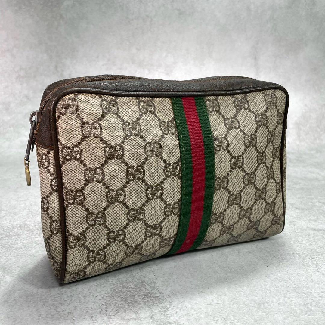 Gucci GG Sherry Line Clutch Brown Logo Leather