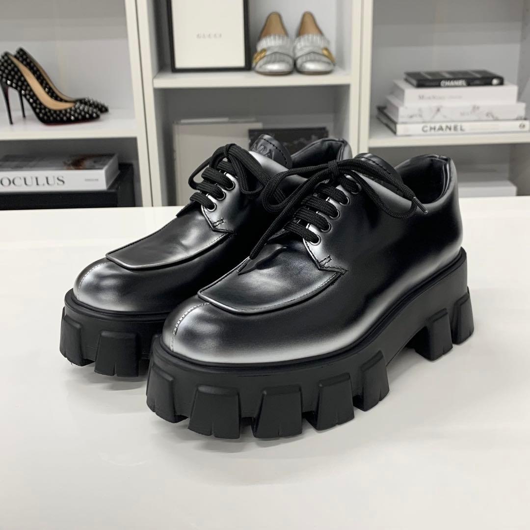 Prada Monolith Leather Logo Lace Up Shoes — view 3