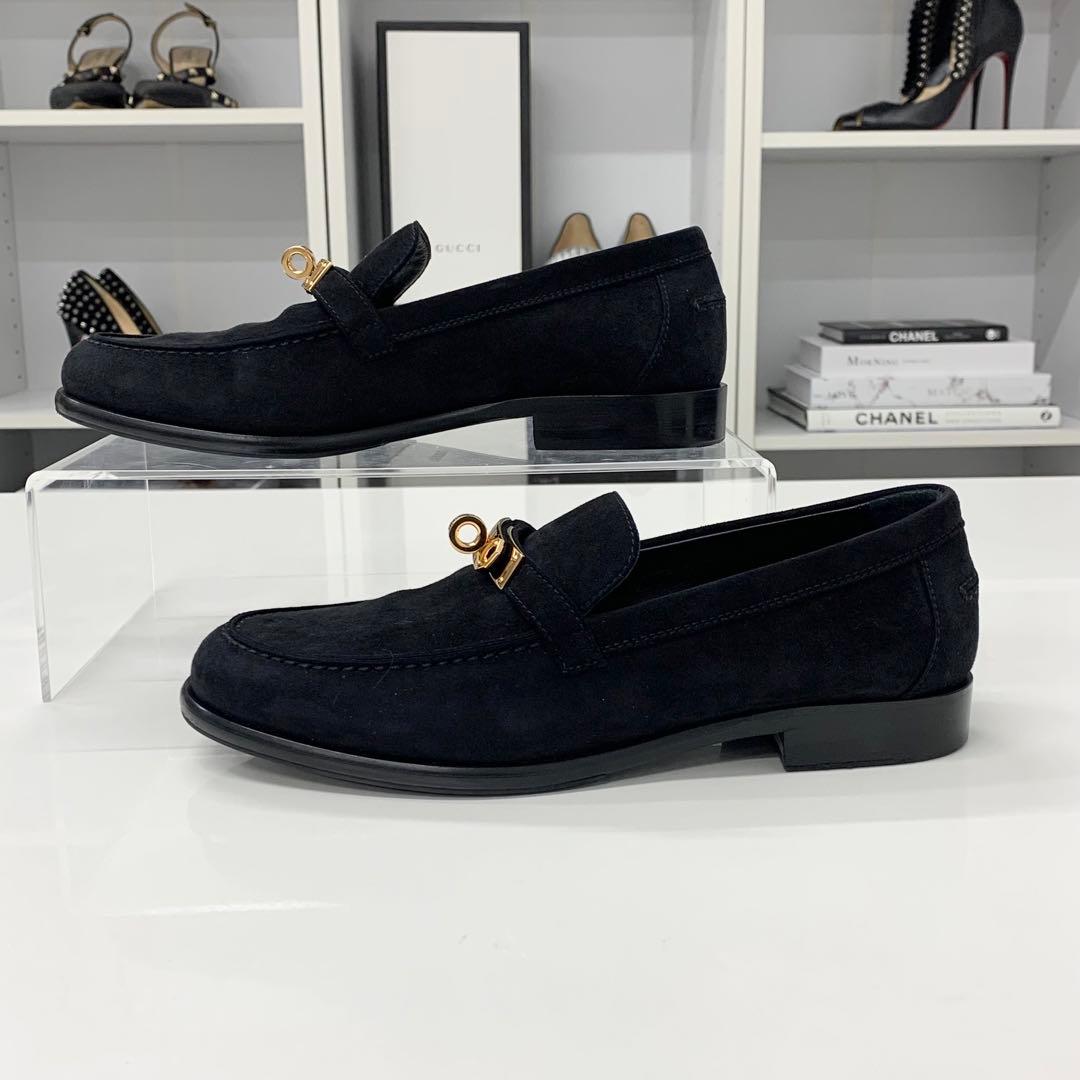 Hermes Destin Suede Kelly Loafers Black — view 3